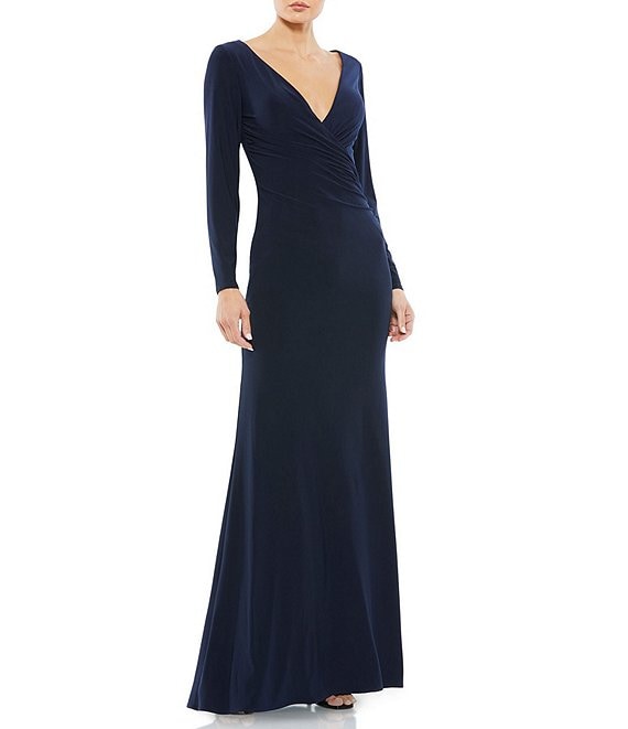 Color:Midnight - Image 1 - Long Sleeve Surplice V-Neck Column Faux Wrap Gown