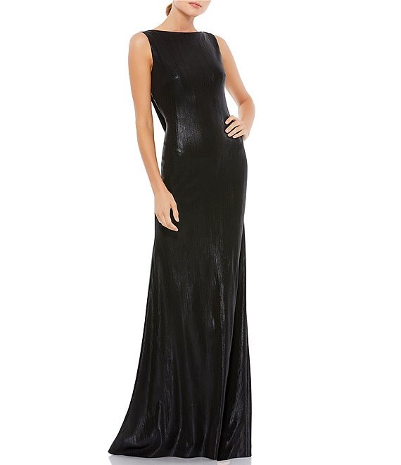 Color:Black - Image 1 - Metallic Boat Neck Sleeveless Cowl Open Back Detail Mermaid Gown