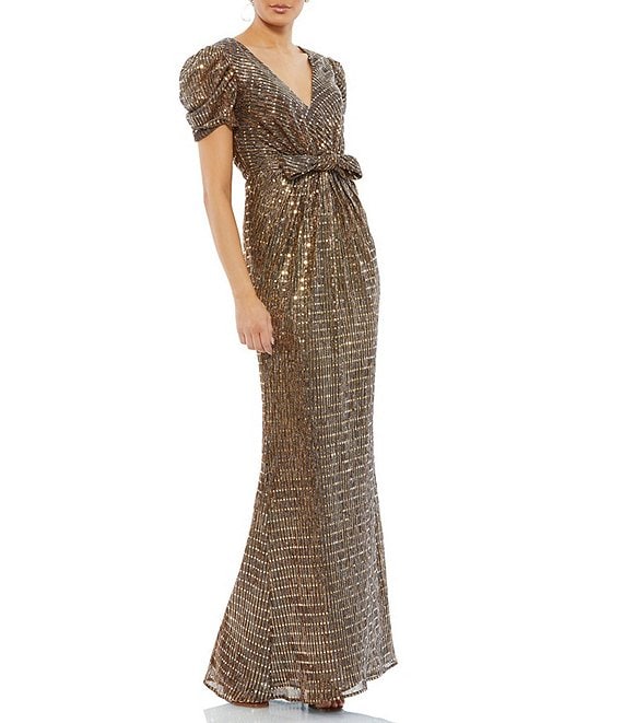 Mac Duggal Metallic V-Neck Short Puff Sleeve Front Bow Sheath Gown ...