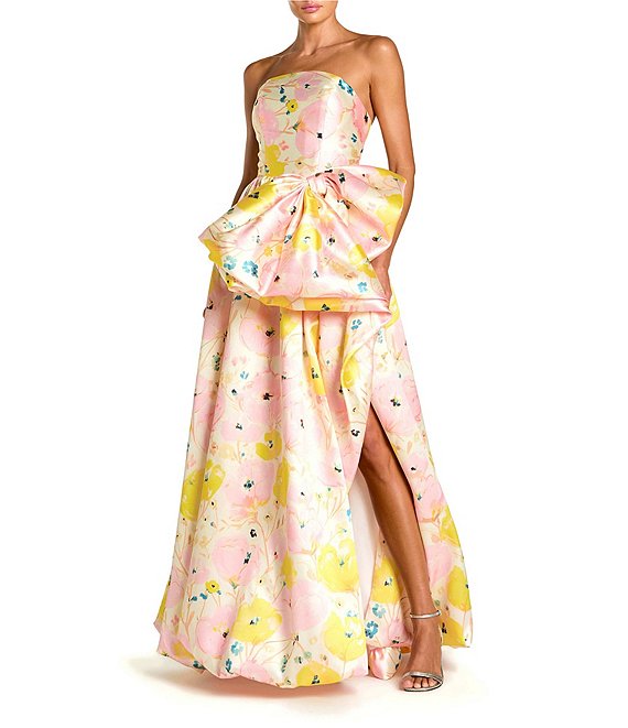 Mac Duggal Mikado Strapless Bubble Hem Side Bow Slit Ballgown