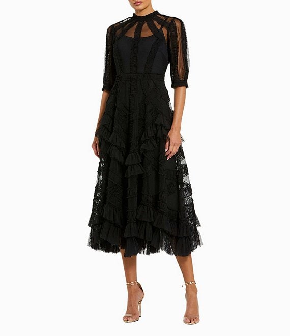 Mac Duggal Mock Neck Short Sleeve Tiered Ruffled Pleated Embellished A ...