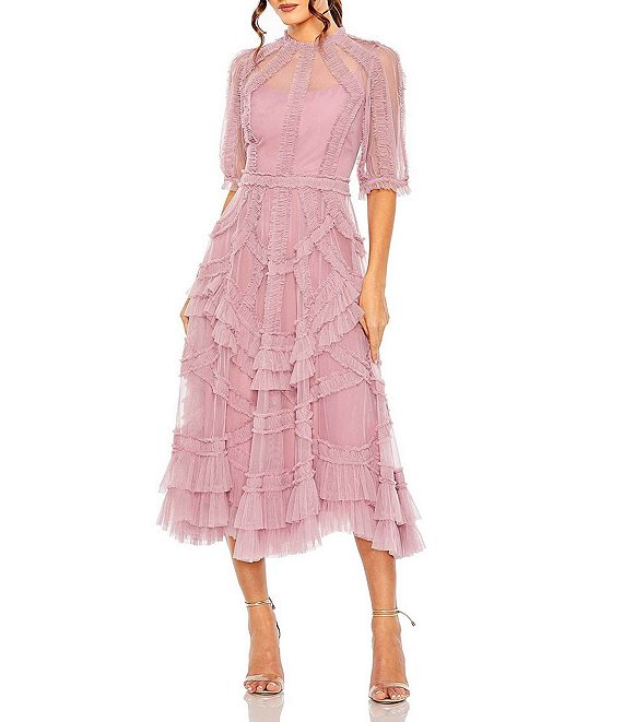 Mac Duggal Mock Neck Short Sleeve Tiered Ruffled Pleated Embellished A ...
