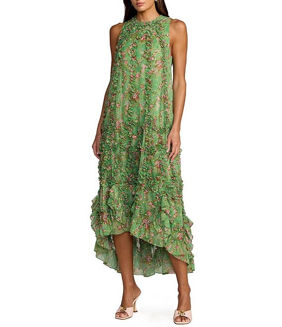 Mac Duggal Mock Neck Micro Ruffle Printed Chiffon Shift Midi Dress