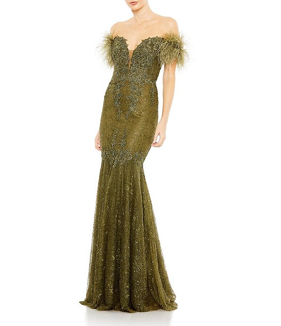 Mac Duggal Off-the-Shoulder Cap Sleeve Ostrich Feather Mermaid Gown ...