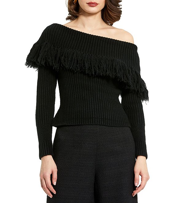 Mac Duggal Off-the-Shoulder Long Sleeve Fringe Trim Sweater | Dillard's