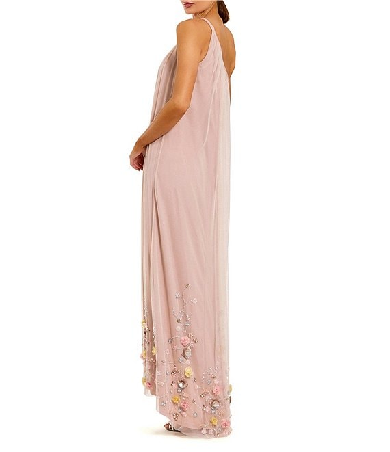beaded trapeze dress Mac Duggal One Shoulder High Low Mesh Gown Color:Fig