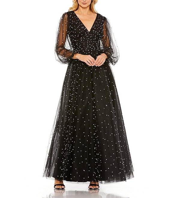 Mac Duggal ★【パーティー ドレス】Double V-Neck A-Line Gown Mac Duggal Beaded Shoulder Deep V-Neck Cap Sleeve Thigh High