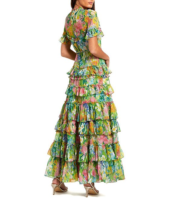 mac duggal ruffled high-neck raglan-sleeve printed chiffon dress Chiffon Ruched Illusion Raglan Sleeve Ruffled Gown