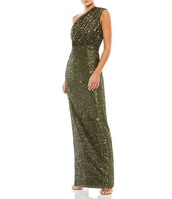 Mac Duggal Petite Size Ruched One Shoulder Sequined Column Gown