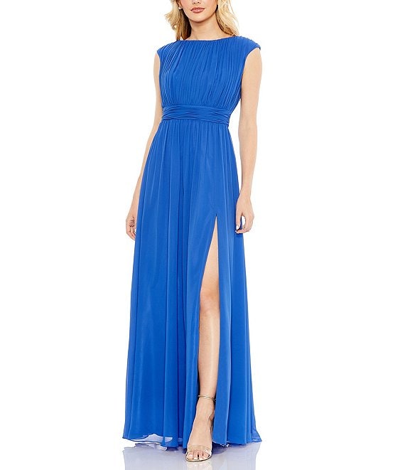 Mac Duggal Pleated Boat Neck Chiffon A Line Gown