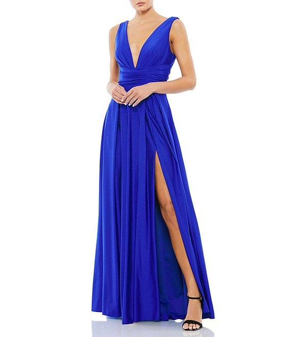 Mac Duggal Pleated Deep V Neck Sleeveless Empire Waist Thigh High Slit