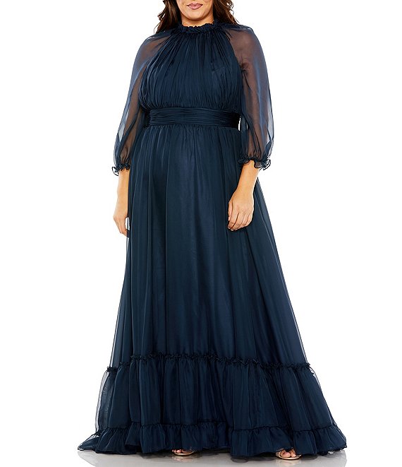 Color:Midnight - Image 1 - Plus Size 3/4 Puff Sleeve High Neck Tiered Gown