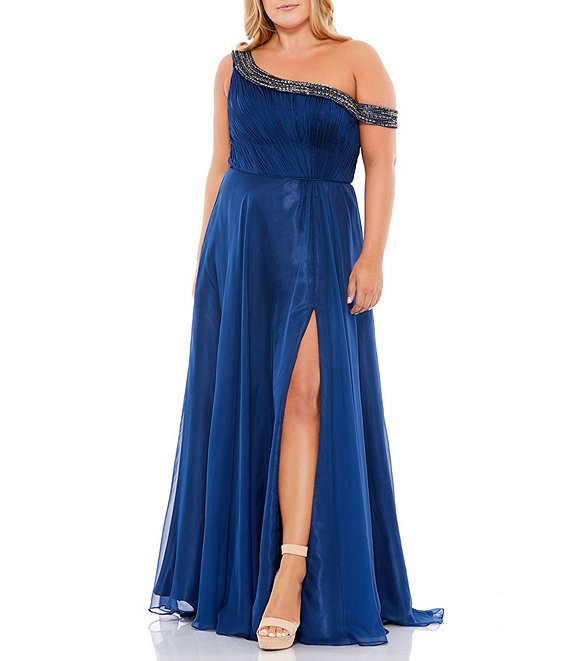 Color:Midnight - Image 1 - Plus Size Beaded Drop Shoulder A-Line Gown