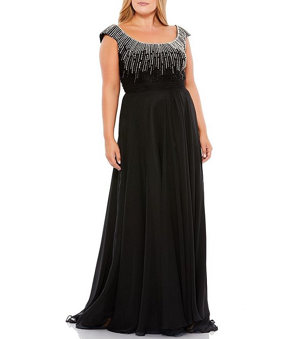 Color:Black - Image 1 - Plus Size Beaded Square Neck Cap Sleeve A-Line Gown