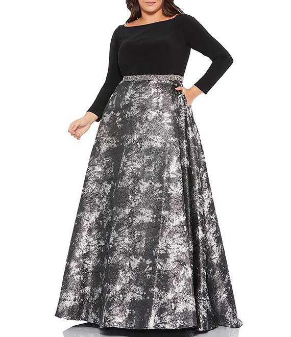 Mac Duggal Plus Size Boat Neck Long Sleeve Beaded Waist Ball Gown ...