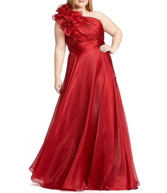 Color:Garnet - Image 1 - Plus Size Chiffon Ruffle Asymmetric Neck Single Shoulder Gown