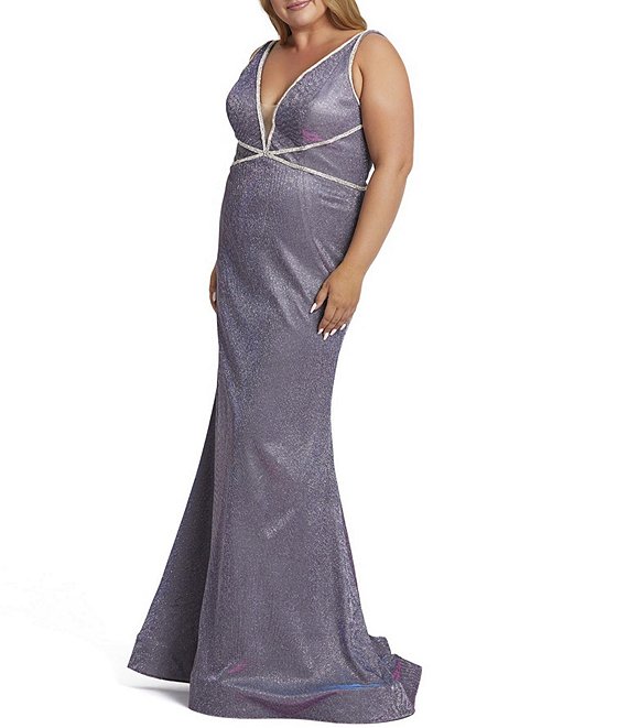 Color:Lavender Twinkle - Image 1 - Plus Size Deep V-Neck Sleeveless Shimmer Gown
