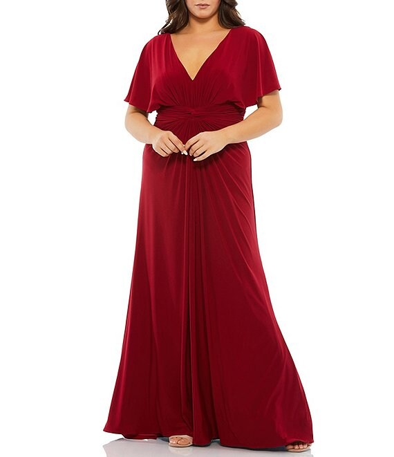 Color:Deep Red - Image 1 - Plus Size Flutter Short Sleeve V-Neck Ruched Waist Jersey Gown