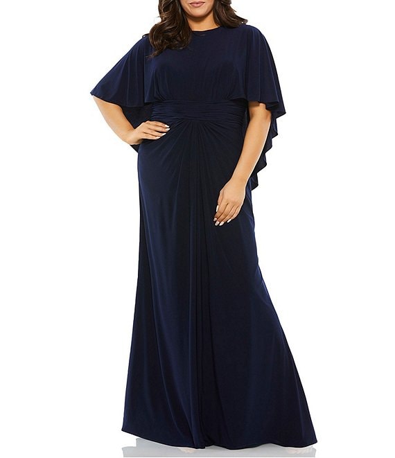 Color:Navy - Image 1 - Plus Size Jersey Crew Neck Ruched Waist Short Capelet Sleeve A-Line Gown