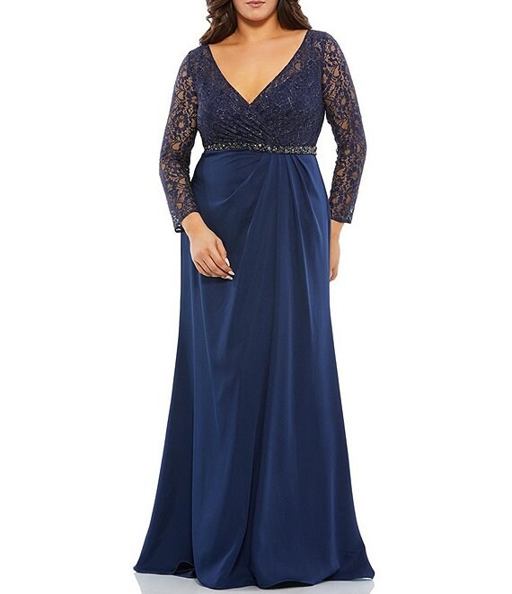 Color:Midnight - Image 1 - Plus Size Lace Bodice Beaded Waist Long Sleeve A-Line Gown