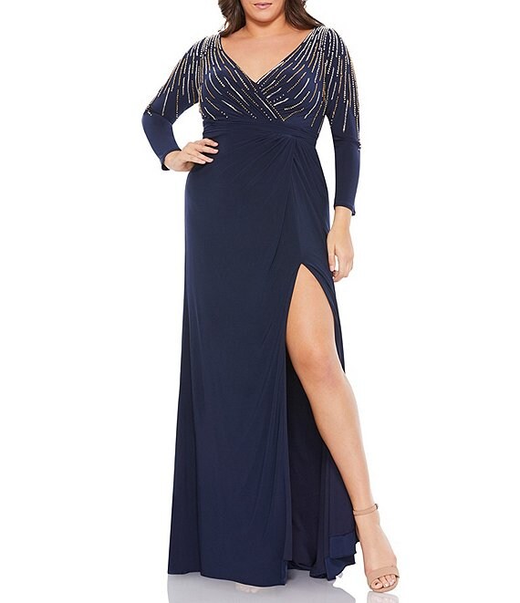 Color:Midnight - Image 1 - Plus Size Long Sleeve Beaded Bodice V-Neck A-Line Gown