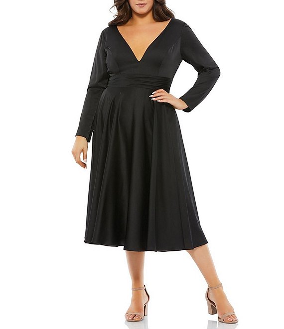 Color:Black - Image 1 - Plus Size Long Sleeve Deep V-Neck Satin A-Line Midi Dress
