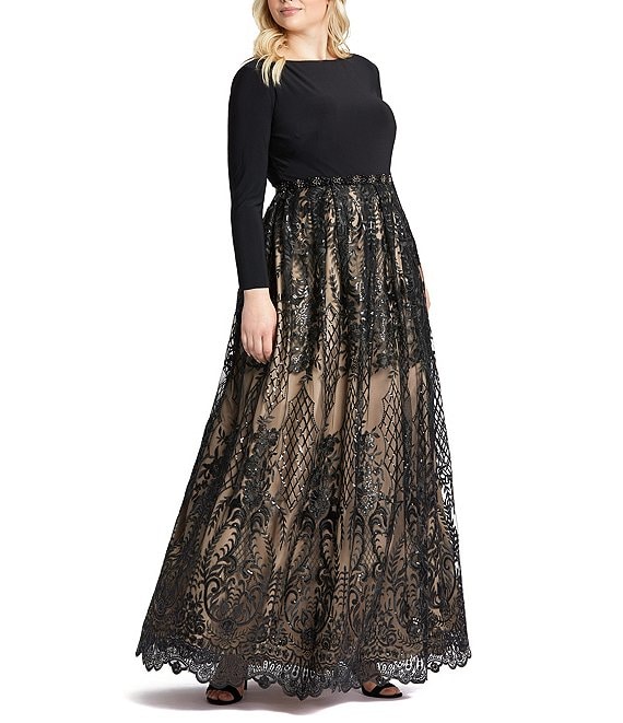 Color:Black/Nude - Image 1 - Plus Size Long Sleeve Round Neck Beaded Detail Lace A-Line Gown