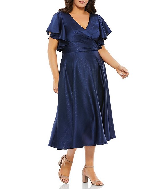 Color:Midnight - Image 1 - Plus Size Short Flutter Sleeve Surplice V-Neck Midi Dress