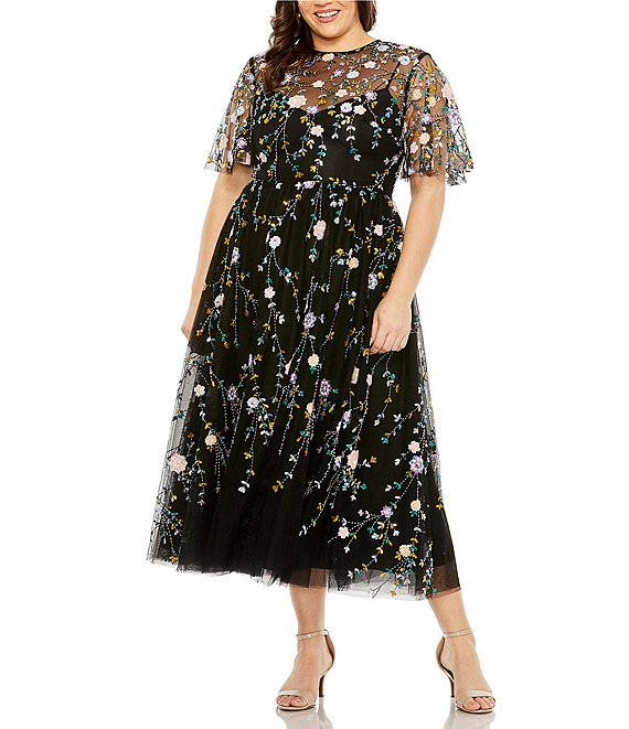 Mac Duggal Plus Size Short Sleeve Illusion Neck Sequin Floral A-Line ...