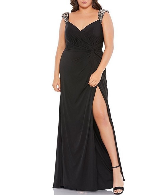 Color:Black - Image 1 - Plus Size Sleeveless V-Neck Beaded Strap Side Twist Front Slit Jersey Gown