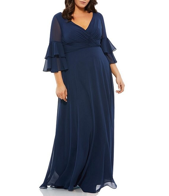 Mac Duggal Plus Size Surplice V Neck 34 Ruffle Tiered Sleeve A Line Gown Dillards 