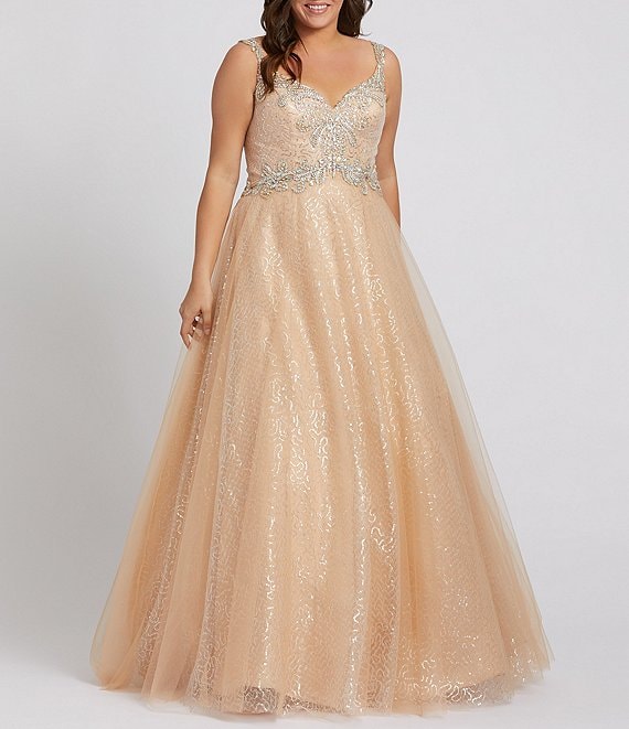 Color:Nude/Silver - Image 1 - Plus Size Sweetheart Neck Sleeveless Beaded Embellished Shimmer Gown