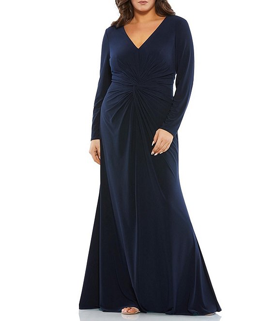 Mac Duggal Plus Size V-Neck Long Sleeve Front Twist Jersey Trumpet Mermaid Gown