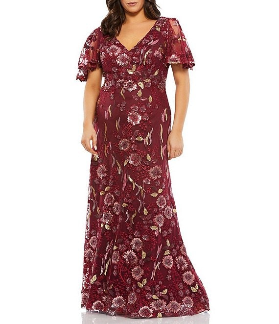 Color:Cranberry - Image 1 - Plus Size V-Neck Short Sleeve Floral Embellished Illusion Mermaid Gown
