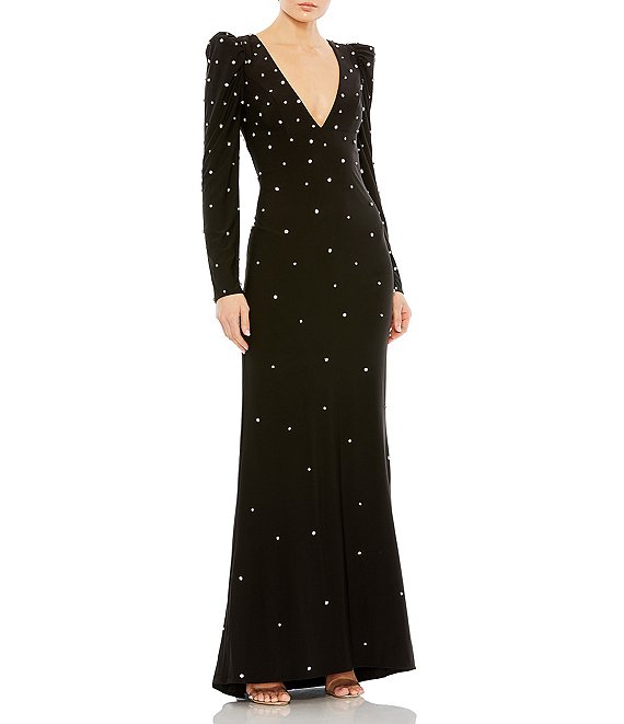 Mac Duggal Rhinestone Long Puffed Sleeve Deep V Neck Sheath Gown Dillards 