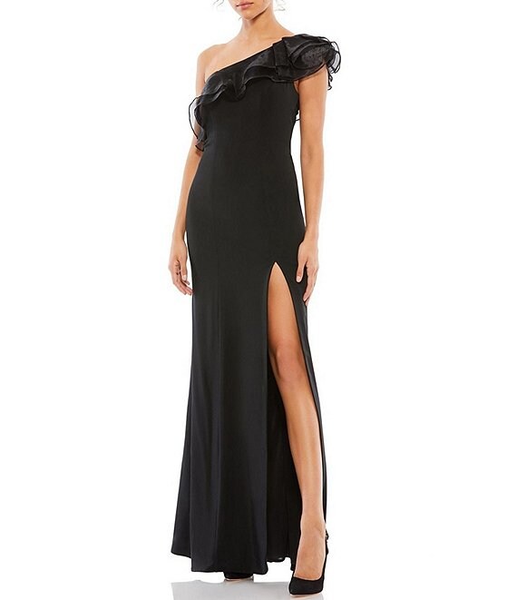 Color:Black - Image 1 - Ruffle Asymmetrical One Shoulder Cap Sleeve Thigh High Slit Gown