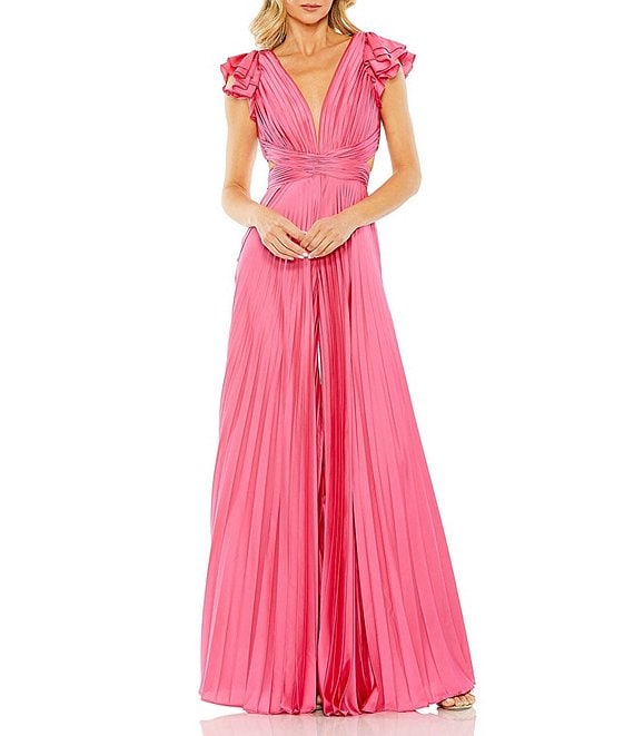 Color:Candy Pink - Image 1 - Ruffled Cap Sleeve Pleated Jumpsuit