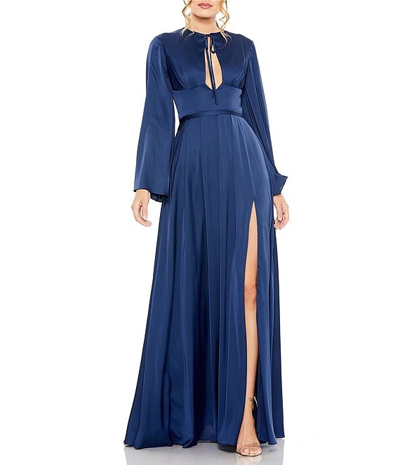 Mac Duggal Beaded Sequin V-Neck Long Bell Sleeve Tiered Gown | Dillard's