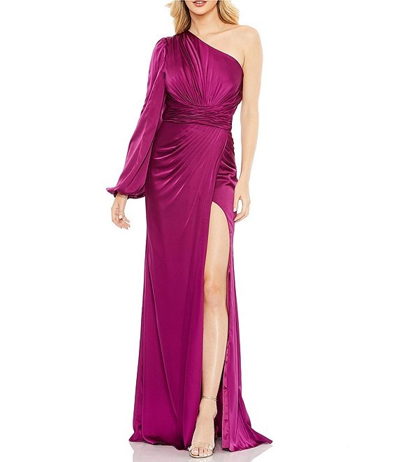 Mac Duggal Satin One Shoulder One Long Sleeve Ruched Bodice Gown ...