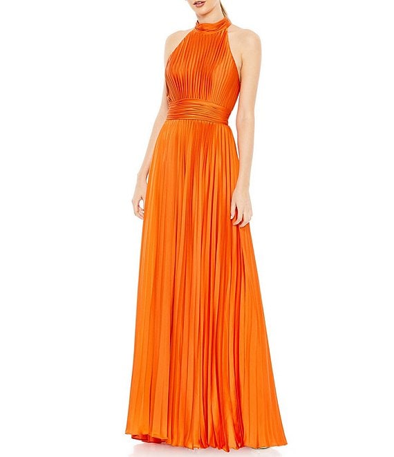 Mac Duggal Satin Pleated Halter Neck Sleeveless A-Line Dress | Dillard's