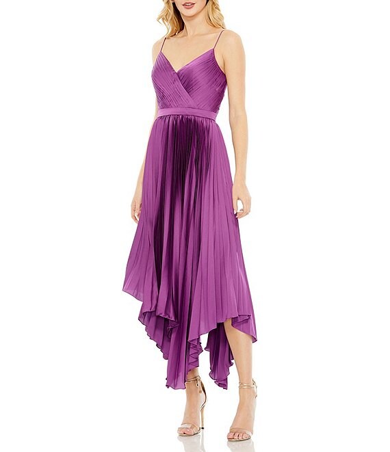 Color:Amethyst - Image 1 - Satin Surplice V-Neck Sleeveless Flowy Pleated Midi Dress