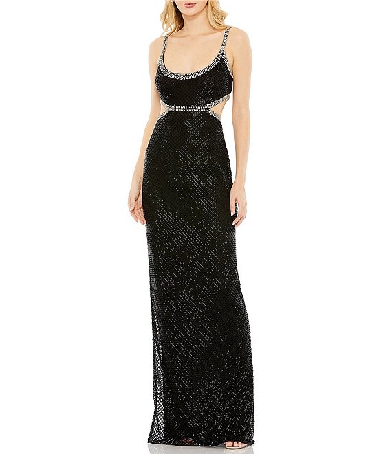 Color:Black - Image 1 - Scoop Neck Sleeveless Beaded Trim Open-Back Gown