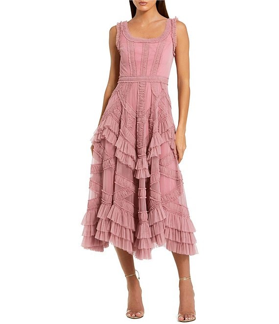 Mac Duggal Scoop Neck Sleeveless Micro Ruffle Mesh Aline Midi Dress