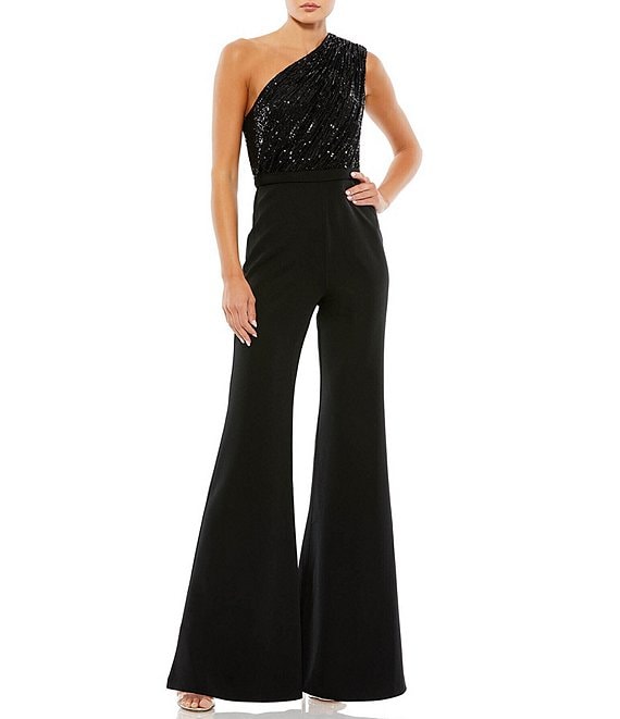 Mac Duggal Sequin Asymmetrical One Shoulder Sleeveless Satin Flare Leg ...