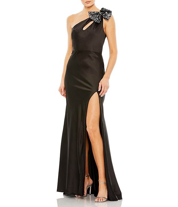 Mac Duggal Sequin Bow Asymmetrical One Shoulder Keyhole Neck Front Slit ...