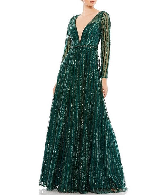 Color:Emerald - Image 1 - Sequin Deep Mesh V-Neck Long Sleeve Ball Gown