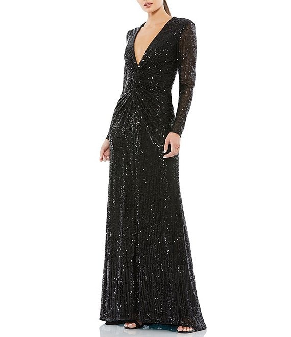 Mac Duggal Sequin Deep V-Neck Twist Front Long Sleeve A-Line Gown ...