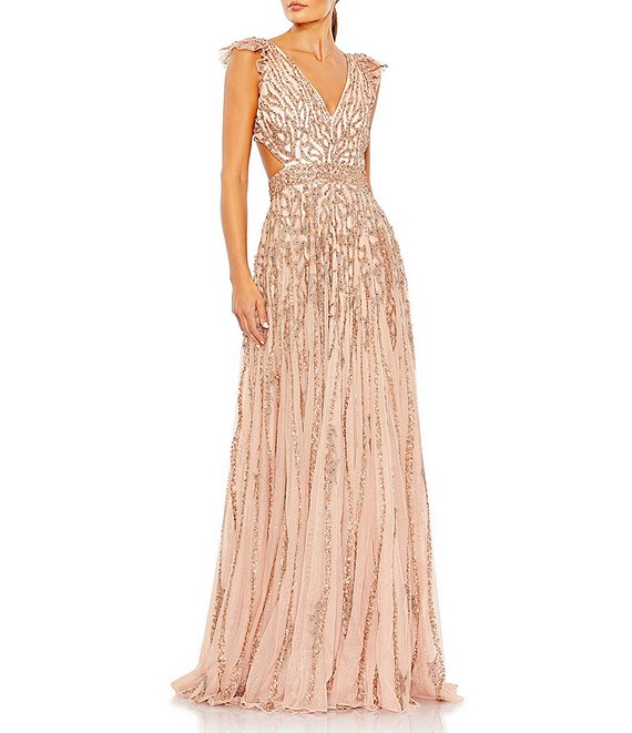 Mac Duggal Sequin Flutter Cap Sleeve Cut-Out Gown | Dillard's