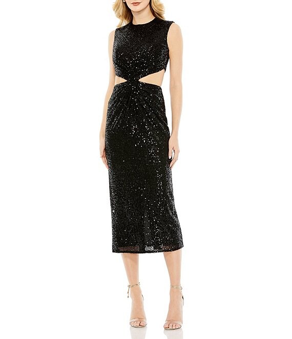 Color:Black - Image 1 - Sequin Front Twist Cut-Out Midi Sheath Dress