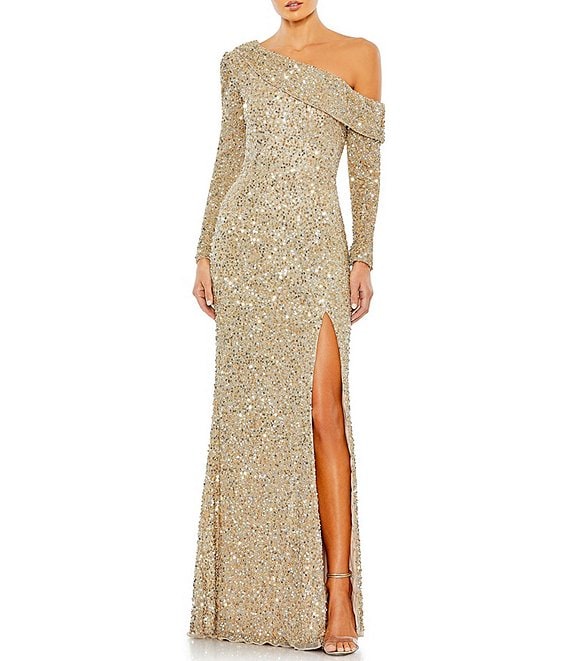 Color:Shimmering Gold - Image 1 - Sequin Thigh High Slit Asymmetrical One Shoulder Long Sleeve Gown